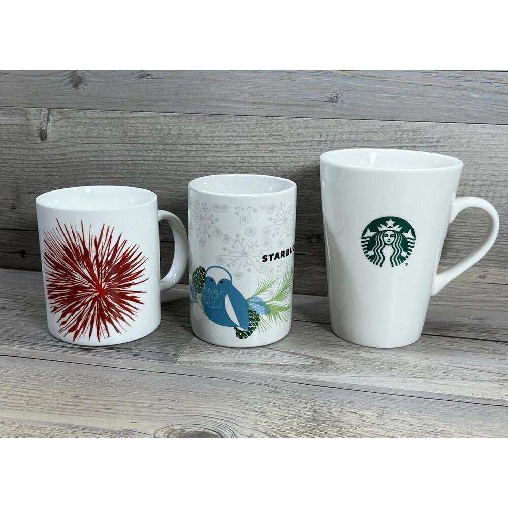 Lot 3 Starbucks Coffee Mugs Starburst Firework 12oz Logo 16oz Holiday Owl 10oz